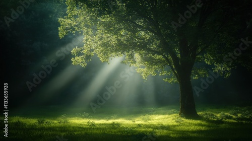 Sunlight streams through rich leaves in peaceful forest scene. Sunlight creates gentle glow on green grass. Nature landscape with tree, serene eco photo. Serene natural light shines through dense