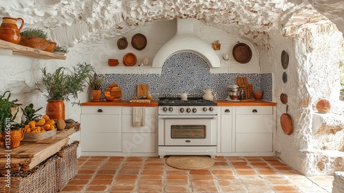 Charming Mediterranean Kitchen: Whitewashed Walls, Terracotta Tiles, and Blue Mosaic Backsplashes photo