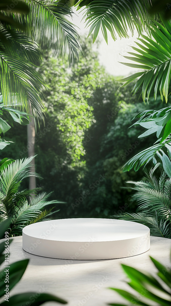 Minimalist Podium Mockup Design with Tropical Leaves, Perfect Backdrop for Product Advertising and Creative Showcases Minimalist Podium Mockup Design with Tropical Leaves, Perfect Backdrop for Product Advertising and Creative Showcases
