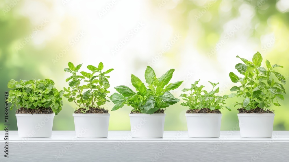Fresh Herb Plants in White Pots on Light Background Fresh Herb Plants in White Pots on Light Background
