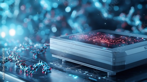 A photograph of a futuristic blood analysis device projecting a virtual twin simulation of microvascular networks focusing on diabetic vascular complications photo