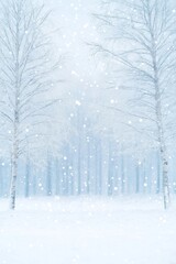 Winter wonderland scene. Snowy trees covered in frost. Soft snowfall. Gentle bokeh effect on background. Tranquil, serene winter landscape. Beautiful winter photo. Snowy forest. Fresh snow. Calm