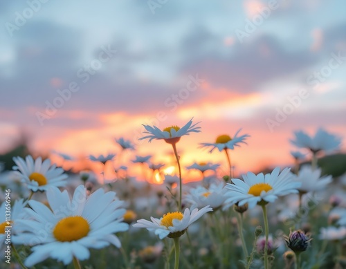 daisies, field, white, flowers, background, pastel, gradient, sky, nature, floral, scenery, serene, beautiful, peaceful, tranquil, minimal, colorful, elegant, vibrant, natural, botanical, countryside, photo