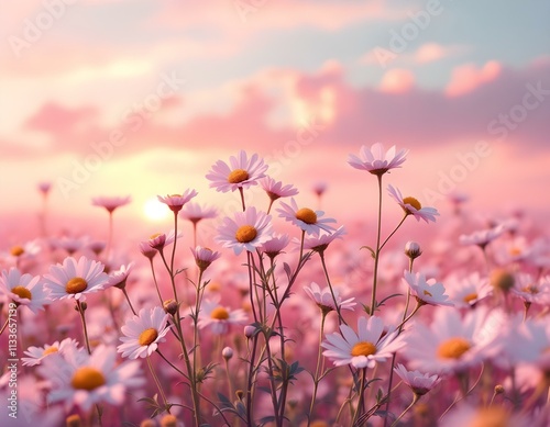 daisies, field, white, flowers, background, pastel, gradient, sky, nature, floral, scenery, serene, beautiful, peaceful, tranquil, minimal, colorful, elegant, vibrant, natural, botanical, countryside, photo