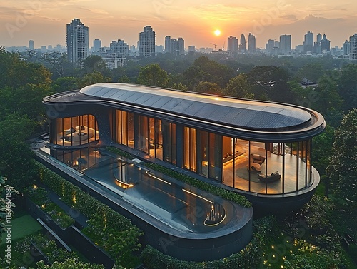 Roof covered customshaped solar panels mimicking the contours of a luxurious contemporary mansion in a vibrant cityscape photo