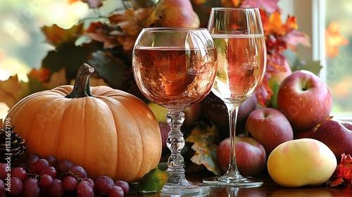 Autumnal still life with rose wine, pumpkin, apples, and grapes. photo