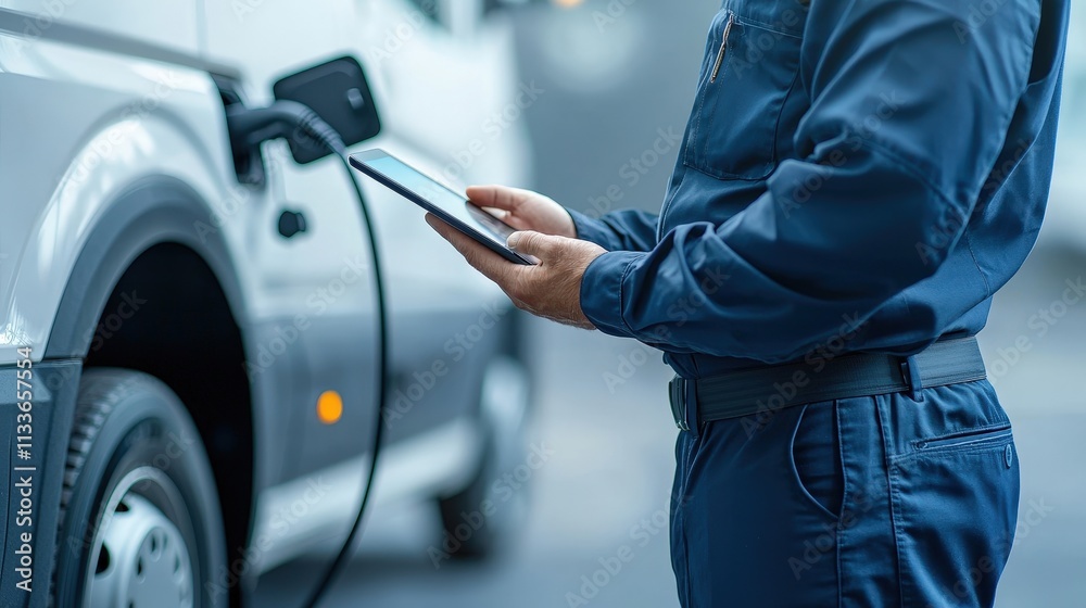 Electric Vehicle Charging with Technician Using Tablet Electric Vehicle Charging with Technician Using Tablet