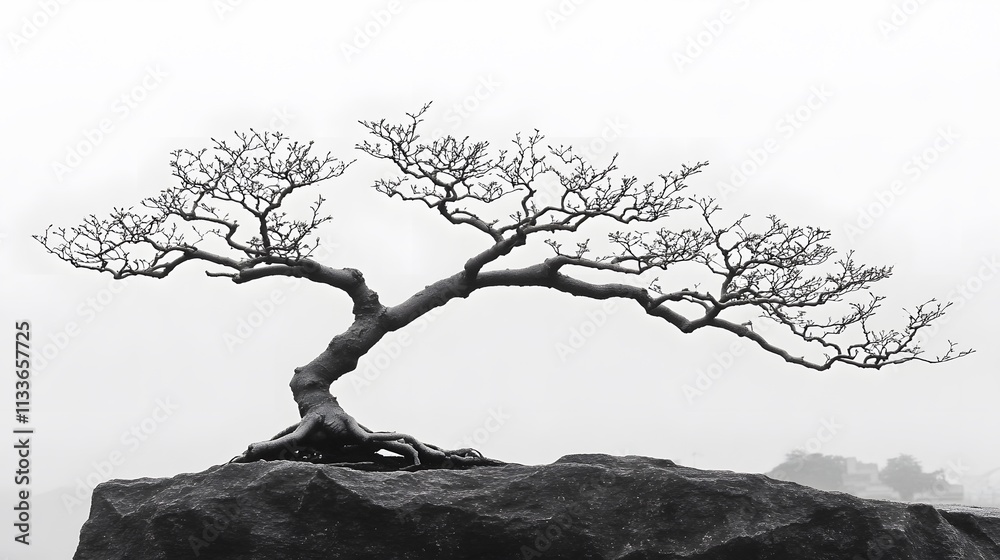 Black and white photo of a leafless tree on a rock, misty background. Black and white photo of a leafless tree on a rock, misty background.