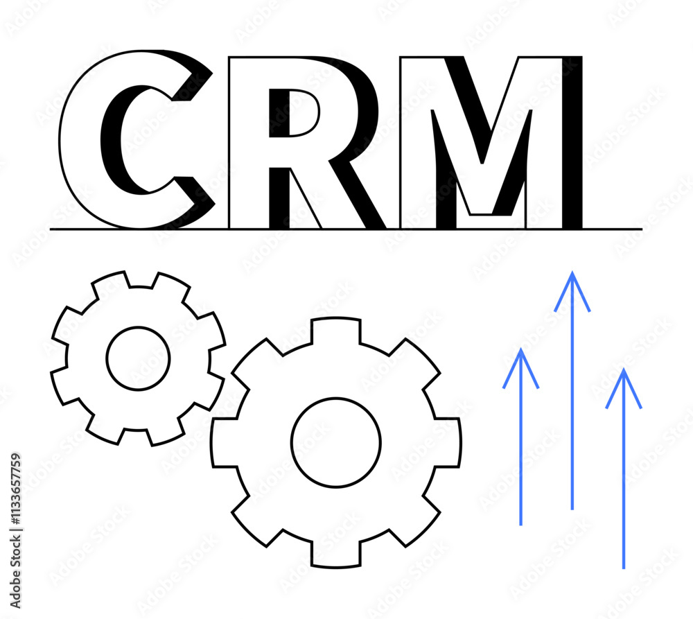 CRM acronym with large and small gears and blue arrows pointing upwards. Ideal for business processes, customer management, efficiency improvement, growth, automation, workflow visualization, service