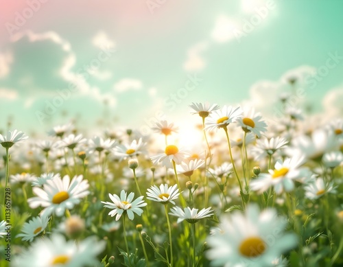 daisies, field, white, flowers, background, pastel, gradient, sky, nature, floral, scenery, serene, beautiful, peaceful, tranquil, minimal, colorful, elegant, vibrant, natural, botanical, countryside, photo