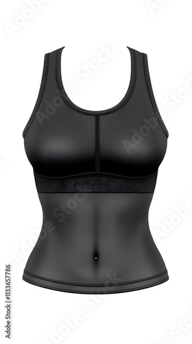 Black athletic top, racerback design, mesh panel, compression fit, women's workout clothing. photo