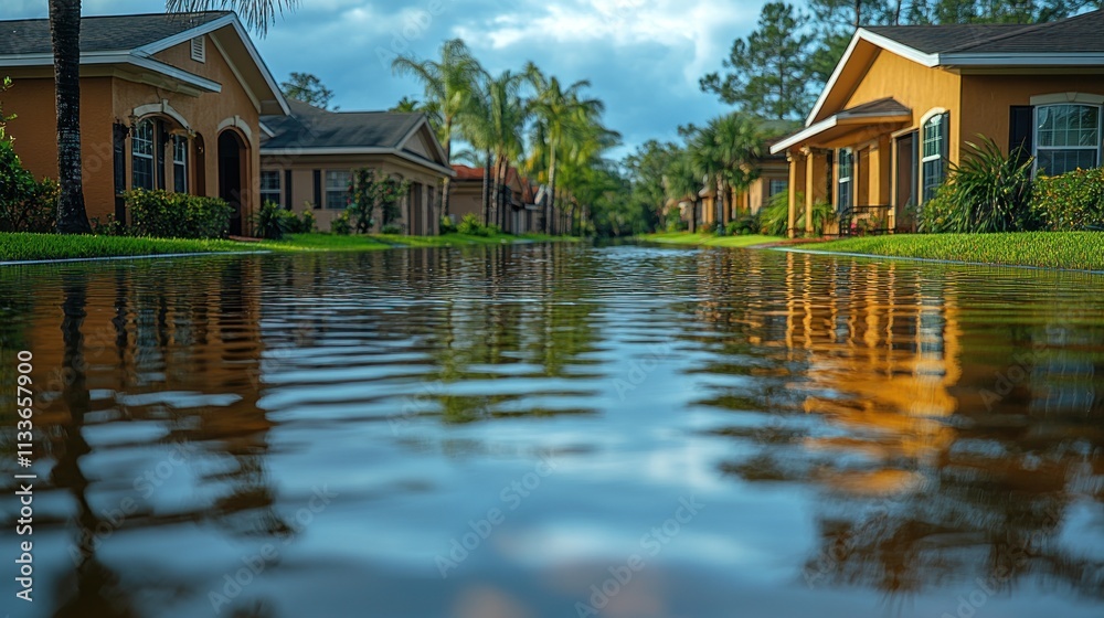 A flooded residential street reflecting nearby houses and palm trees under a cloudy sky. A flooded residential street reflecting nearby houses and palm trees under a cloudy sky.