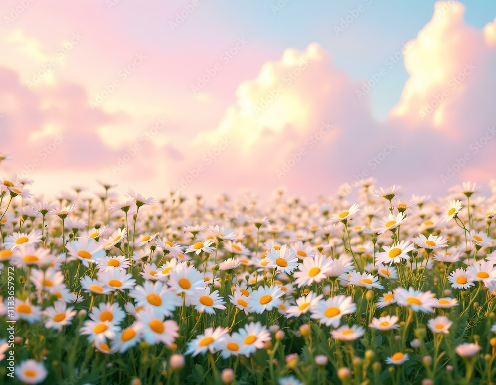 Fototapeta premium daisies, field, white, flowers, background, pastel, gradient, sky, nature, floral, scenery, serene, beautiful, peaceful, tranquil, minimal, colorful, elegant, vibrant, natural, botanical, countryside,