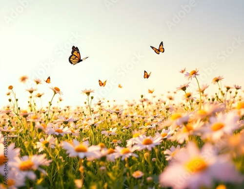 daisies, field, white, flowers, background, pastel, gradient, sky, nature, floral, scenery, serene, beautiful, peaceful, tranquil, minimal, colorful, elegant, vibrant, natural, botanical, countryside, photo