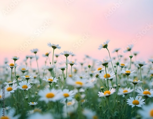 daisies, field, white, flowers, background, pastel, gradient, sky, nature, floral, scenery, photo