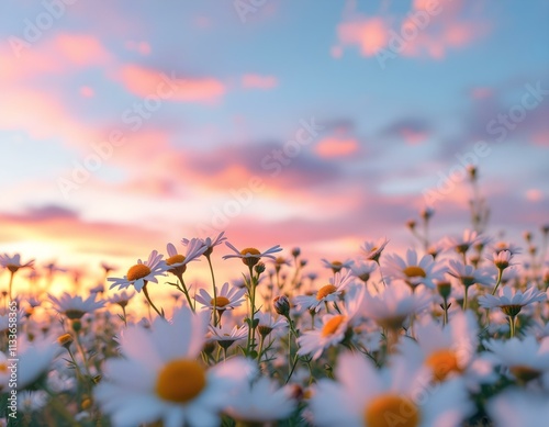 daisies, field, white, flowers, background, pastel, gradient, sky, nature, floral, scenery, serene, beautiful, peaceful, tranquil, minimal, colorful, elegant, vibrant, natural, botanical, countryside, photo