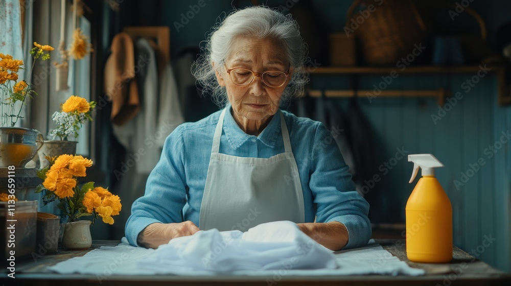 Graceful elderly woman ironing clothes with care in a sunlit, vibrant setting Graceful elderly woman ironing clothes with care in a sunlit, vibrant setting