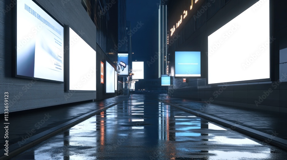 City Alleyway Night Rain Reflections Blank Billboards