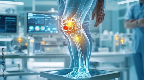 Innovative virtual healthcare unit featuring a detailed 3D digital twin model of a knee joint highlighting areas affected by cartilage wear due to osteoarthritis with glowing diagnostic indicators photo