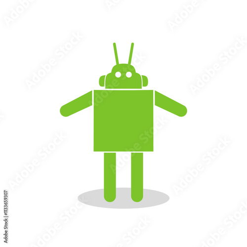 Simple green robot vector illustration with geometric design and antenna, on a clean white background.