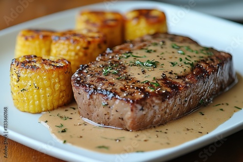 Flambeed brandy steak with mushroom sauce served with grilled corn in elegant dining setting photo