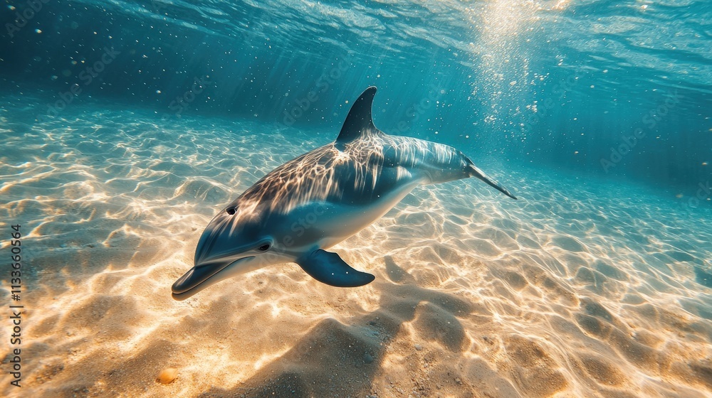 Obraz premium Dolphin swims, sunlight dappled sandy seabed.