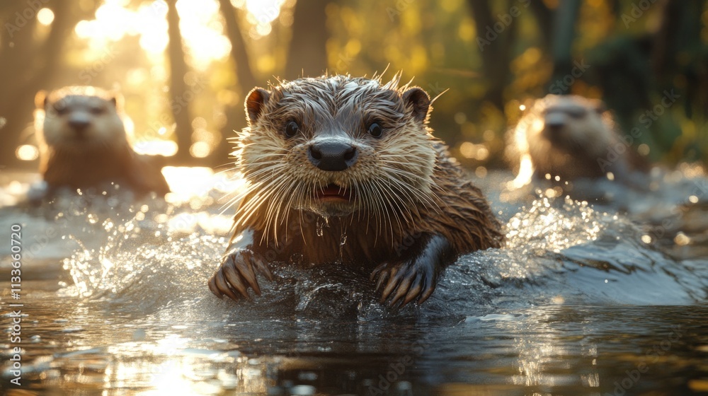 Three otters swimming, golden sunlight, water splashing. Three otters swimming, golden sunlight, water splashing.