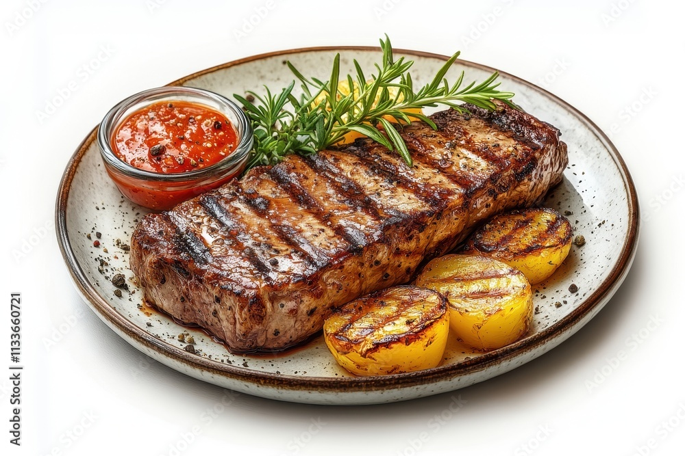 Savory grilled steak with roasted potatoes and sauce on a plate Savory grilled steak with roasted potatoes and sauce on a plate