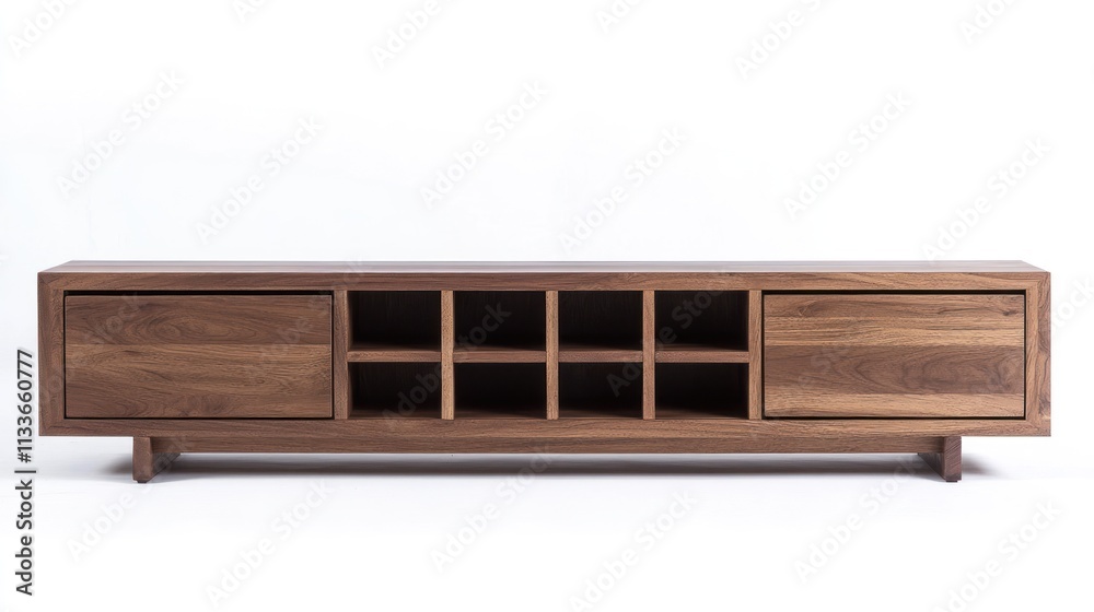 Modern walnut wood media console with drawers and cubbies. Modern walnut wood media console with drawers and cubbies.