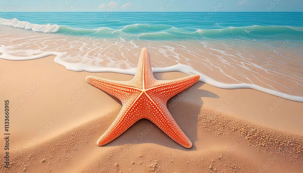 A vibrant orange starfish rests on sandy beach shore, with gentle waves lapping at the shoreline and a clear blue sky in the background.