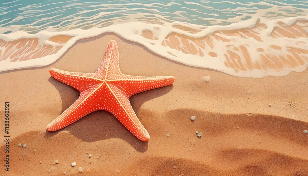 A vibrant orange starfish rests on a sandy beach, partially surrounded by gentle waves, showcasing a tranquil coastal scene. A vibrant orange starfish rests on a sandy beach, partially surrounded by gentle waves, showcasing a tranquil coastal scene.