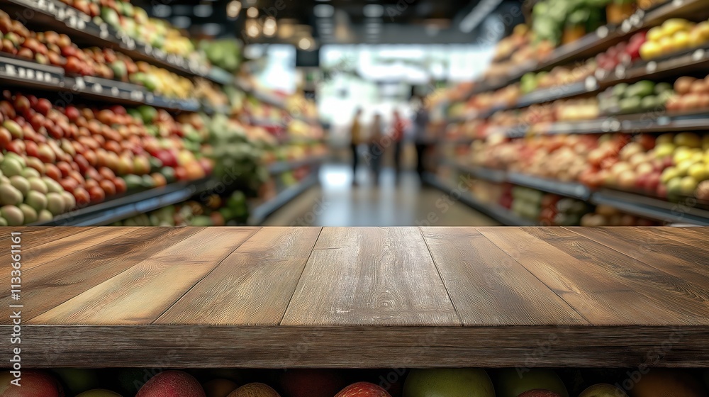 Empty wooden table in supermarket. Blurred background shows fresh fruits, vegetables. Supermarket interior. Fresh produce display. Empty space on table perfect for product placement. Visual appeal