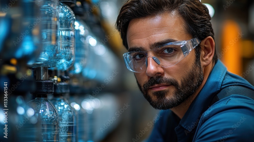 A focused worker in safety glasses stands near industrial equipment in a factory setting.