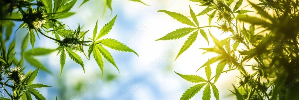 Branches of hemp and sunflower plants filled with green leaves stretch towards a bright blue sky, inviting warmth and nature's beauty. Generative AI Branches of hemp and sunflower plants filled with green leaves stretch towards a bright blue sky, inviting warmth and nature's beauty. Generative AI