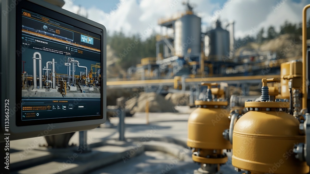 Digital Virtual Twin Interface Tracking Pipeline Flow Rates and Maintenance Schedules at a Water Distribution Plant Leaving Copy Space at the Top Left Digital Virtual Twin Interface Tracking Pipeline Flow Rates and Maintenance Schedules at a Water Distribution Plant Leaving Copy Space at the Top Left