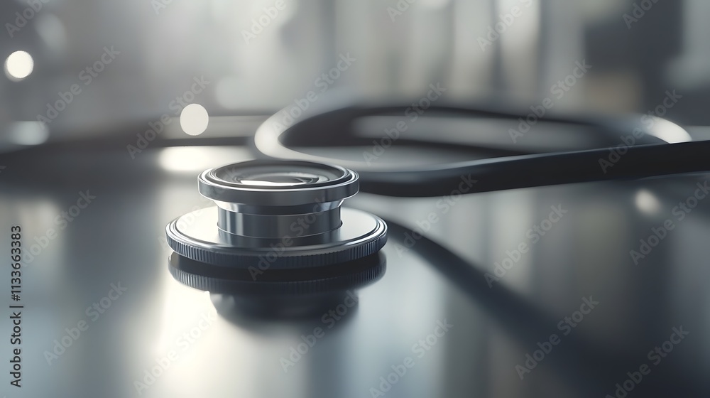 Close-up of a black stethoscope on a reflective surface. Close-up of a black stethoscope on a reflective surface.