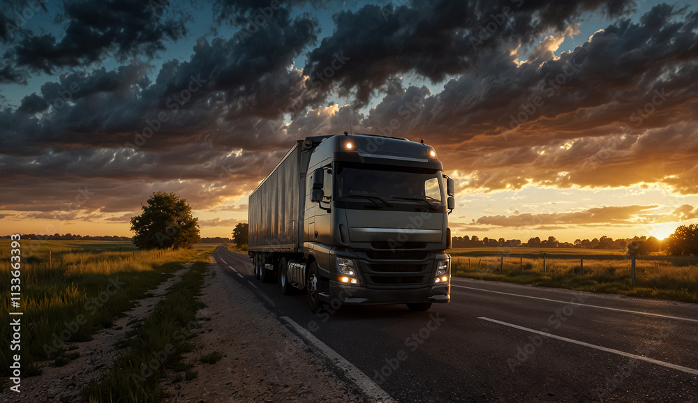 Obraz premium Transport truck driving on asphalt road in a rural landscape.