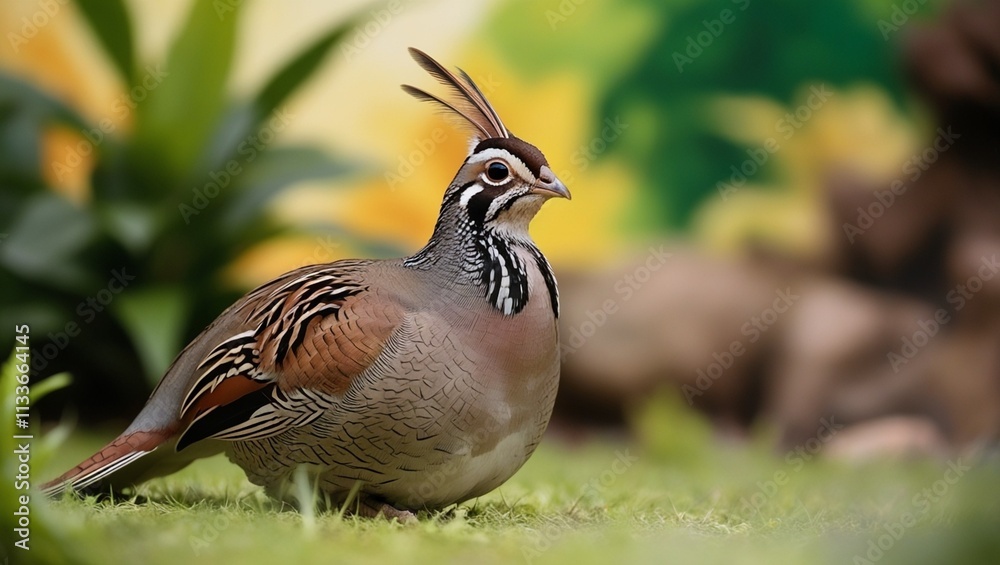 A beautifully plumaged quail with intricate feathers in shades of brown, gray, and black, sits serenely in a lush, vibrant environment with a blurred, out-of-focus background featuring soft greens, ye A beautifully plumaged quail with intricate feathers in shades of brown, gray, and black, sits serenely in a lush, vibrant environment with a blurred, out-of-focus background featuring soft greens, ye