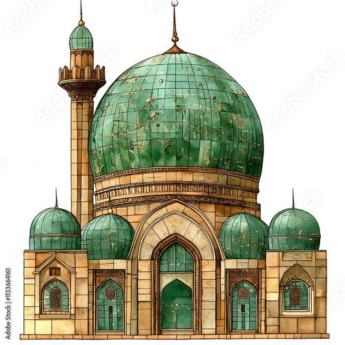 Watercolor Illustration of a Traditional Islamic Mosque with Green Domes and Minarets. photo