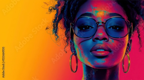 A Vibrant Portrait of a Confident Young Woman with Curly Hair, Colorful Makeup and Sunglasses Against a Bold Orange and Yellow Background