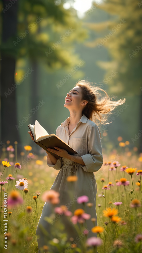 Naklejka premium Young Woman in a Forest with a Notebook