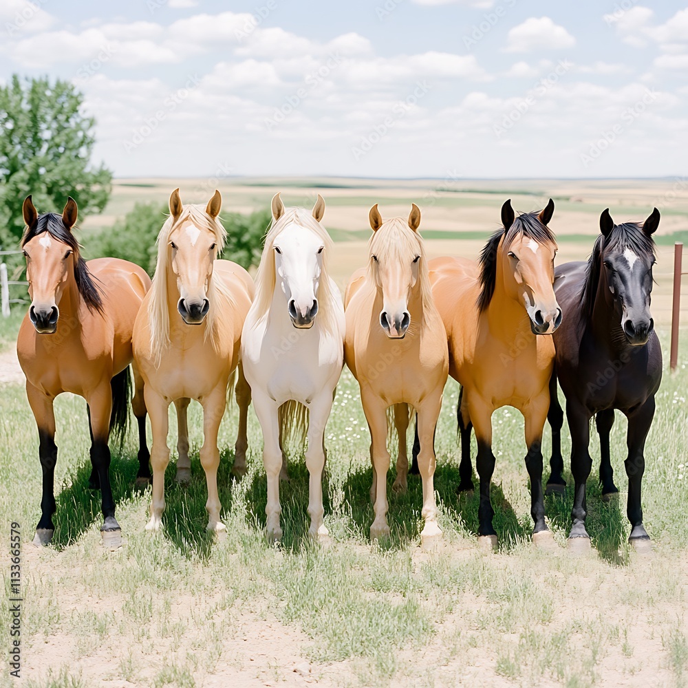 Fototapeta premium Group of Horses in Photorealistic Style Against Clear Sky Background