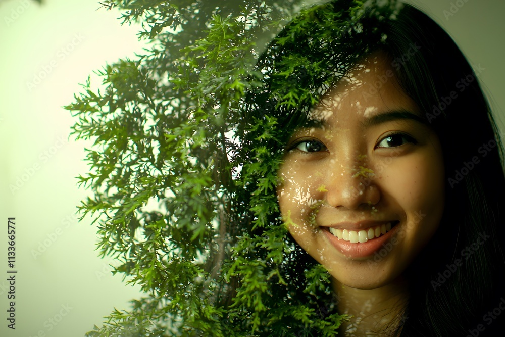 double exposure of a woman smiling, her face blended with a growing plant, symbolizing the nurturing and growth aspects of building a business. [Women’s]:[entrepreneurship] 