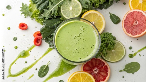 An overhead perspective captures a round glass tumbler overflowing with a luminous green beverage. Splashy drips run down the sides while a vibrant assortment of leafy photo