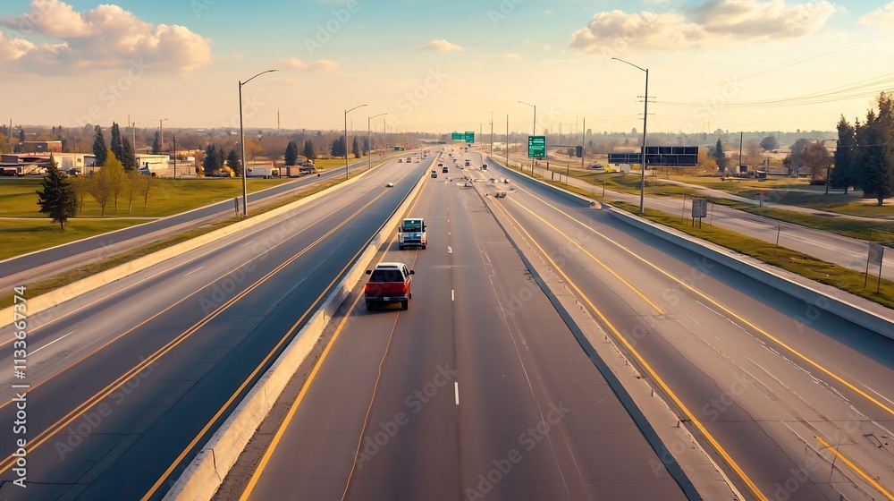 A photograph of an advanced highway system with a virtual twin monitoring lane usage and accident response efficiency leaving copy space at the bottom for additional context or branding A photograph of an advanced highway system with a virtual twin monitoring lane usage and accident response efficiency leaving copy space at the bottom for additional context or branding
