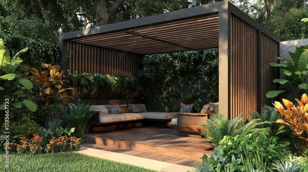 Modern wooden pergola with seating area in lush garden. Modern wooden pergola with seating area in lush garden.
