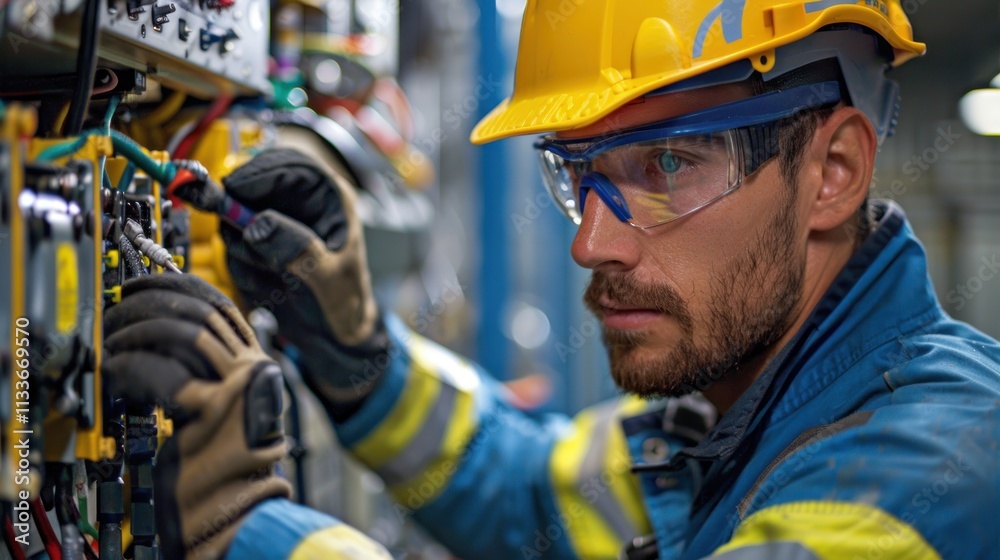 Focused electrician working on electrical panel, wearing safety gear. Focused electrician working on electrical panel, wearing safety gear.