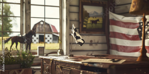 Interior Scene with Desk, Racing Flag, and American Flag photo