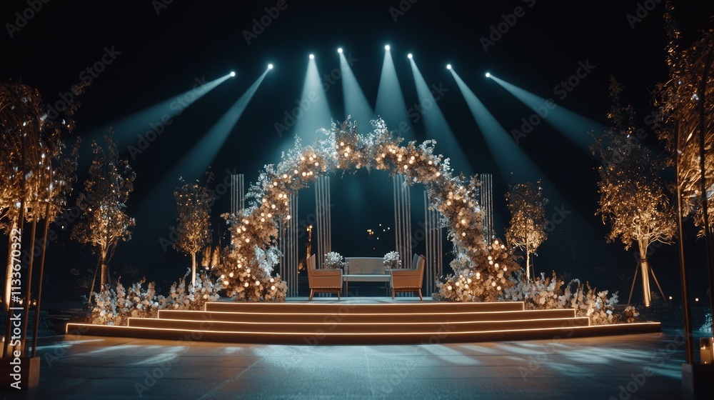 Obraz premium A dream-inspired wedding stage in a fantastical forest, with silver tree branches and light beams piercing through the dark park, creating an ethereal atmosphere