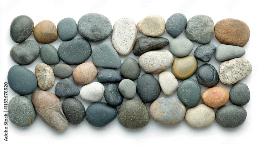 Smooth, Multicolored River Rocks on a White Background Smooth, Multicolored River Rocks on a White Background